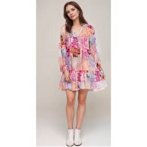 Boho Patchwork Pink Floral Long-Sleeve Mini Dress